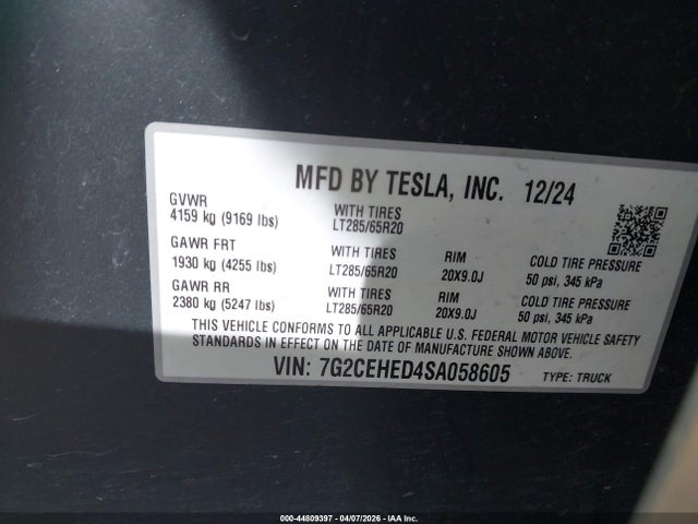 7G2CEHED4SA058605 Tesla Cybertruck All-wheel Drive