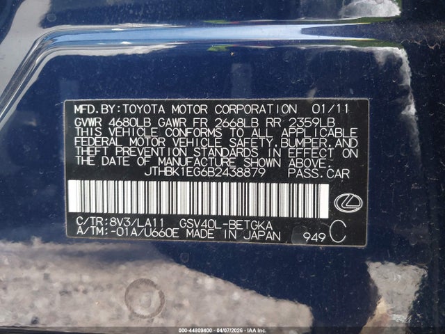 Aukcja sprzedaży 2011 Lexus Es 350, vin: JTHBK1EG6B2438879, numer aukcji: 44809400