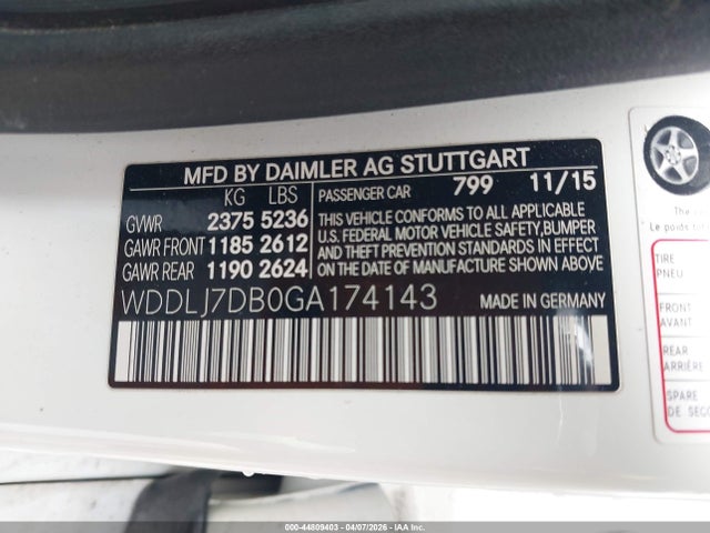 44809403 :رقم المزاد ، WDDLJ7DB0GA174143 vin ، 2016 Mercedes-benz Cls 550 مزاد بيع