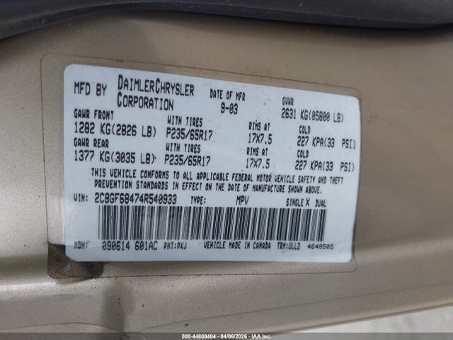 2004 Chrysler Pacifica მანქანა იყიდება აუქციონზე, vin: 2C8GF68474R540933, აუქციონის ნომერი: 44809404
