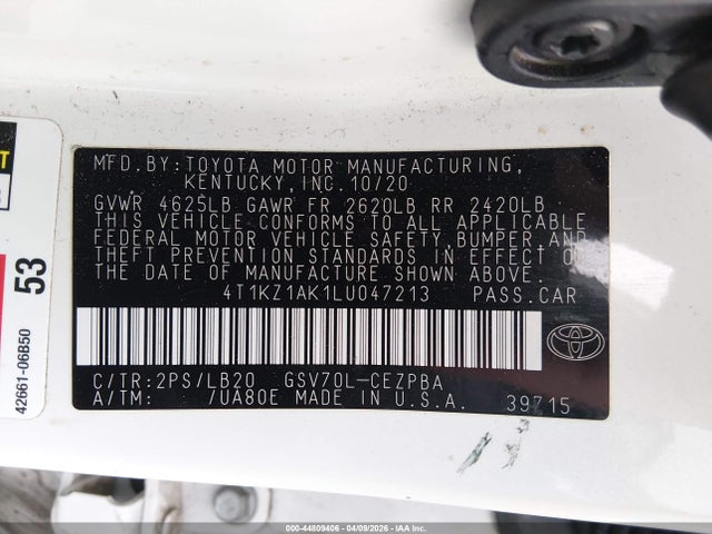 44809406 :رقم المزاد ، 4T1KZ1AK1LU047213 vin ، 2020 Toyota Camry Xse V6 مزاد بيع