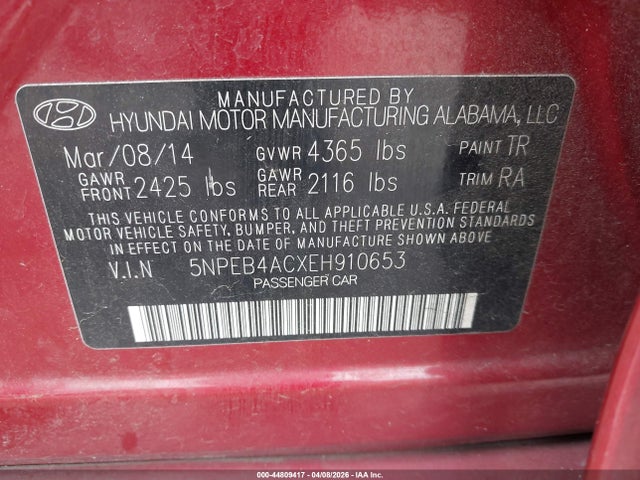 2014 Hyundai Sonata Gls მანქანა იყიდება აუქციონზე, vin: 5NPEB4ACXEH910653, აუქციონის ნომერი: 44809417