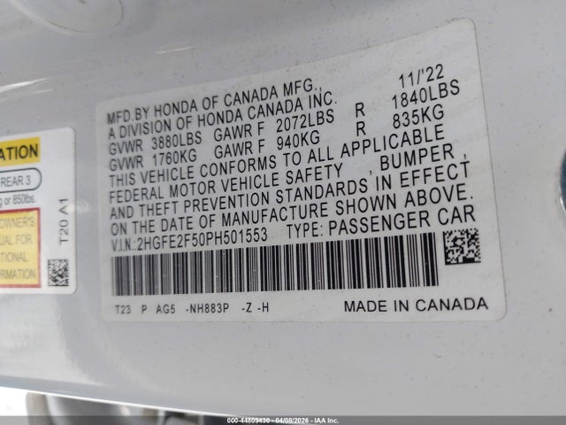 Продаж на аукціоні авто 2023 Honda Civic Sport, vin: 2HGFE2F50PH501553, номер лоту: 44809430