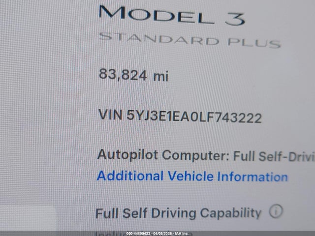 5YJ3E1EA0LF743222 Tesla MODEL 3