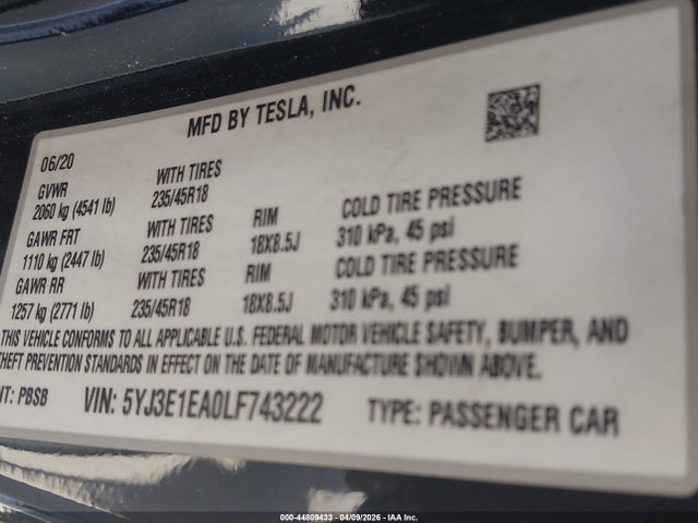5YJ3E1EA0LF743222 Tesla MODEL 3