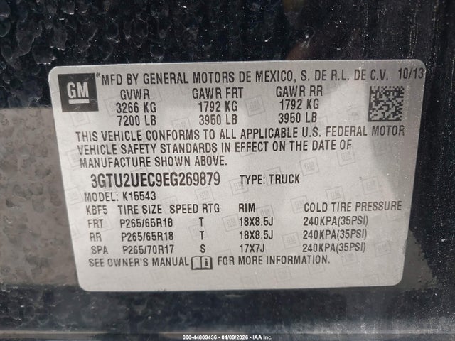 44809436 :رقم المزاد ، 3GTU2UEC9EG269879 vin ، 2014 Gmc Sierra 1500 Sle مزاد بيع