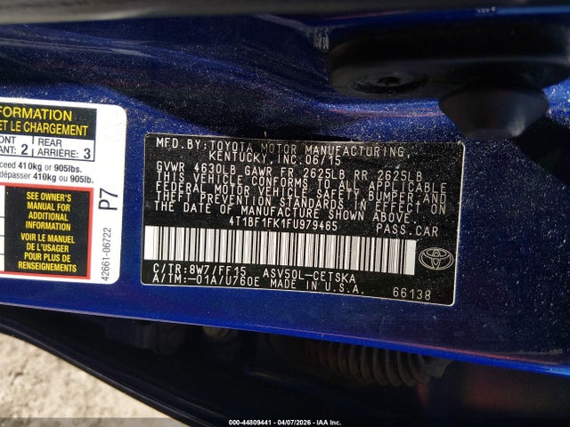 2015 Toyota Camry Se მანქანა იყიდება აუქციონზე, vin: 4T1BF1FK1FU979465, აუქციონის ნომერი: 44809441