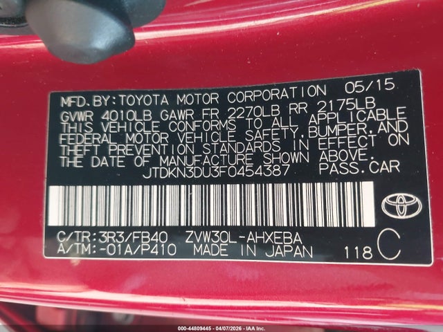 JTDKN3DU3F0454387 Toyota Prius Two