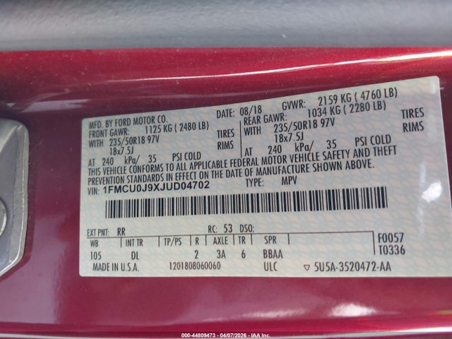 2018 Ford Escape Titanium მანქანა იყიდება აუქციონზე, vin: 1FMCU0J9XJUD04702, აუქციონის ნომერი: 44809473