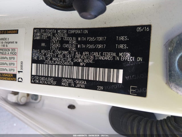 2016 Toyota 4runner Sr5 Premium მანქანა იყიდება აუქციონზე, vin: JTEBU5JR4G5348478, აუქციონის ნომერი: 44809478