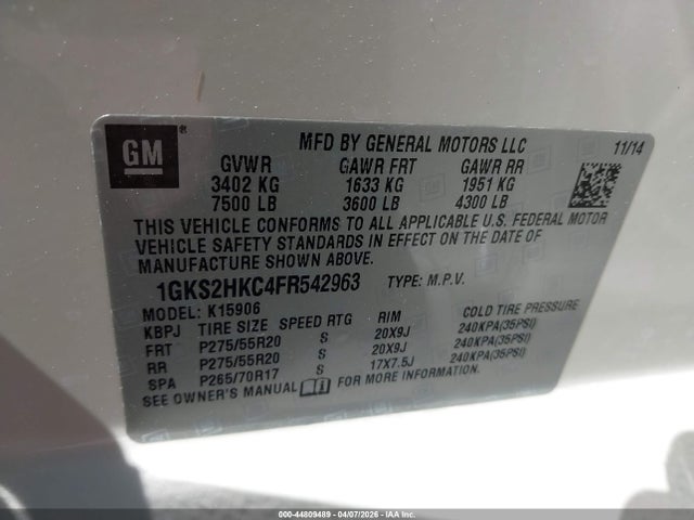 44809489 :رقم المزاد ، 1GKS2HKC4FR542963 vin ، 2015 Gmc Yukon Xl 1500 Slt مزاد بيع