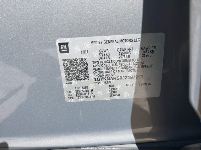 2018 Cadillac Xt5 Standard მანქანა იყიდება აუქციონზე, vin: 1GYKNARS9JZ187959, აუქციონის ნომერი: 44809493