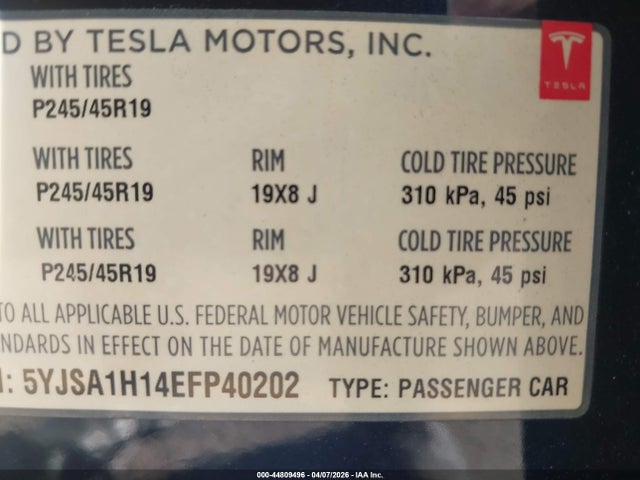 2014 Tesla Model S P85 მანქანა იყიდება აუქციონზე, vin: 5YJSA1H14EFP40202, აუქციონის ნომერი: 44809496