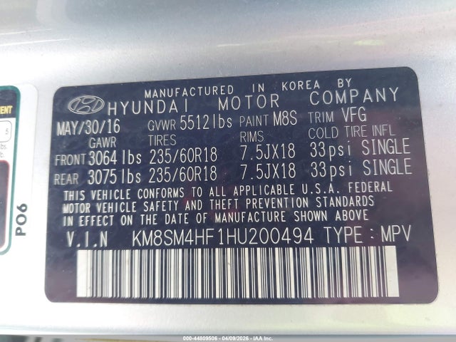 Aukcja sprzedaży 2017 Hyundai Santa Fe Se, vin: KM8SM4HF1HU200494, numer aukcji: 44809506