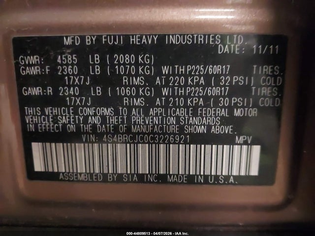 Продаж на аукціоні авто 2012 Subaru Outback 2.5i Limited, vin: 4S4BRCJC0C3226921, номер лоту: 44809513