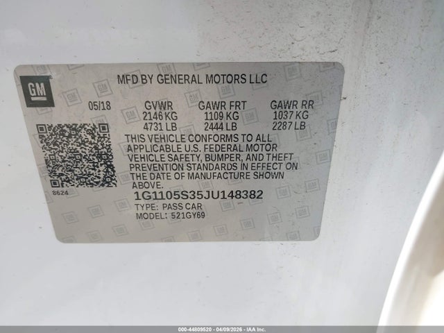 Продажа на аукционе авто 2018 Chevrolet Impala 1lt, vin: 1G1105S35JU148382, номер лота: 44809520