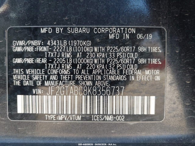 2019 Subaru Crosstrek 2.0i მანქანა იყიდება აუქციონზე, vin: JF2GTABC8K8356737, აუქციონის ნომერი: 44809526
