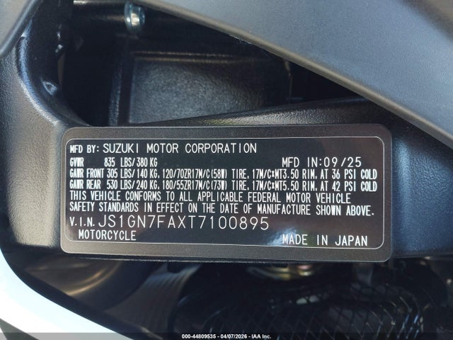 Aukcja sprzedaży 2026 Suzuki Gsx-r600, vin: JS1GN7FAXT7100895, numer aukcji: 44809535