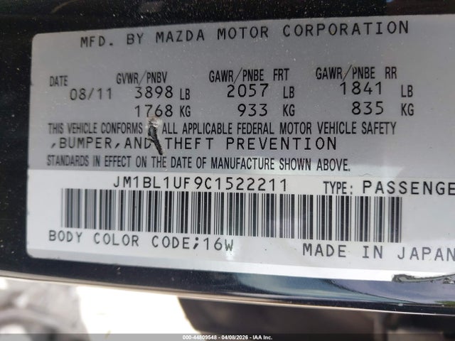 44809548 :رقم المزاد ، JM1BL1UF9C1522211 vin ، 2012 Mazda Mazda3 I Sport مزاد بيع
