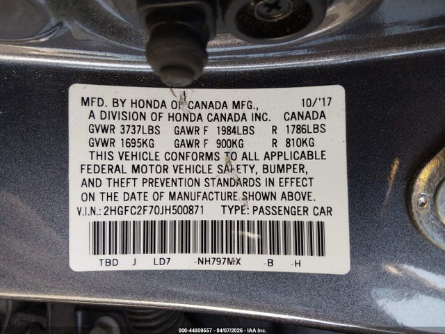 Honda CIVIC EX 2018 2HGFC2F70JH500871 Image 9