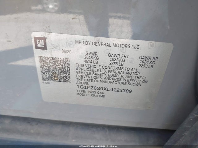 2020 Chevrolet Bolt Ev Fwd Premier მანქანა იყიდება აუქციონზე, vin: 1G1FZ6S0XL4123309, აუქციონის ნომერი: 44809566