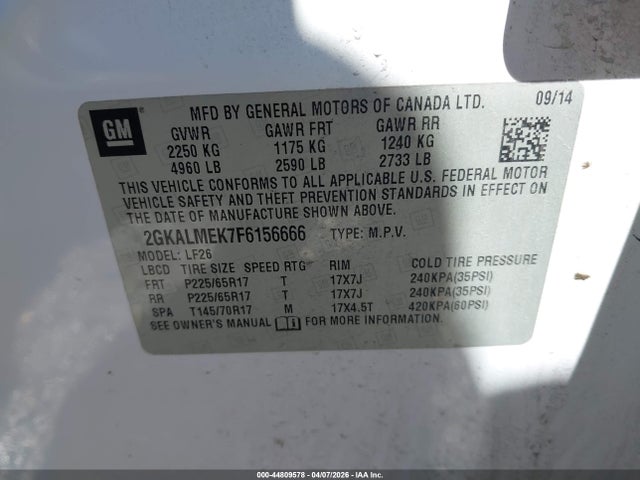 Aukcja sprzedaży 2015 Gmc Terrain Sle-1, vin: 2GKALMEK7F6156666, numer aukcji: 44809578