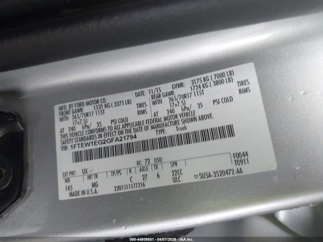 Aukcja sprzedaży 2016 Ford F-150 Xlt, vin: 1FTEW1EG2GFA21794, numer aukcji: 44809581