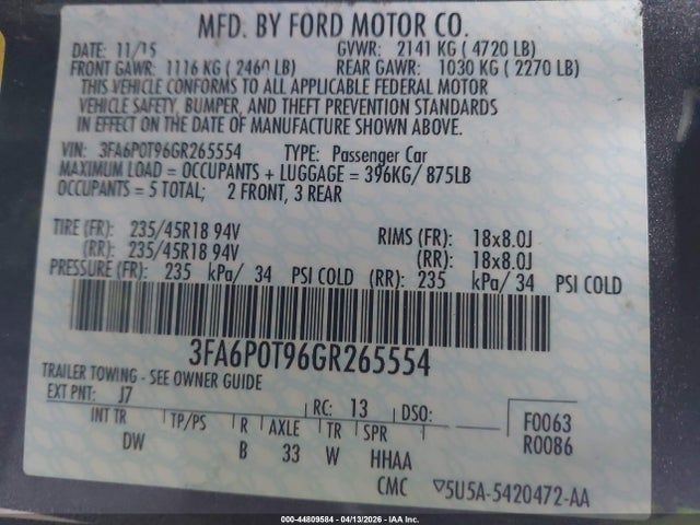 Ford FUSION SE 2016 3FA6P0T96GR265554 Image 9