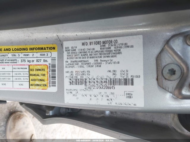 Ford Fusion Hybrid Se 2019 3FA6P0LU4KR206645 Image 9