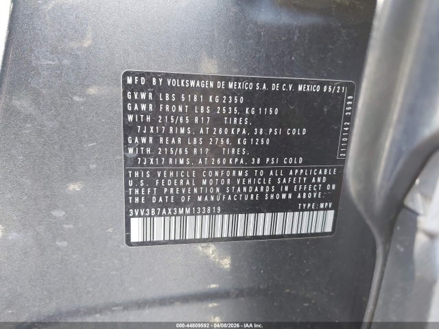 3VV3B7AX3MM133819 Volkswagen Tiguan 2.0t Se/2.0t Se R-line Black/2.0t Sel