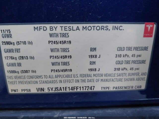 Aukcja sprzedaży 2015 Tesla Model S 60/70/85, vin: 5YJSA1E14FF117247, numer aukcji: 44809595