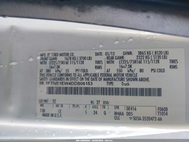 44809598 :رقم المزاد ، 1FTNE1EW4DDB06153 vin ، 2013 Ford E-150 Commercial مزاد بيع