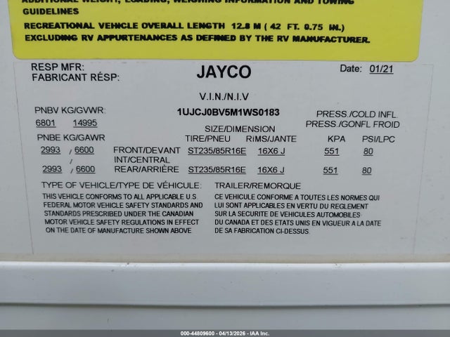 44809600 :رقم المزاد ، 1UJCJ0BV5M1WS0183 vin ، 2021 Jayco Camper مزاد بيع