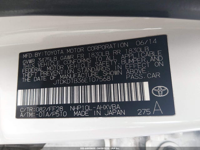 JTDKDTB36E1075681 Toyota Prius C Two