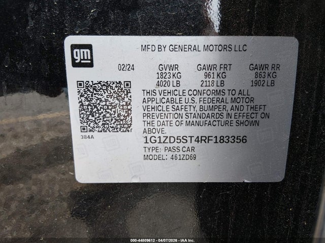 Aukcja sprzedaży 2024 Chevrolet Malibu Fwd 1lt, vin: 1G1ZD5ST4RF183356, numer aukcji: 44809612