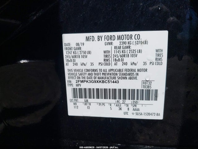 Продажа на аукционе авто 2019 Ford Edge Se, vin: 2FMPK3G9XKBC51443, номер лота: 44809629
