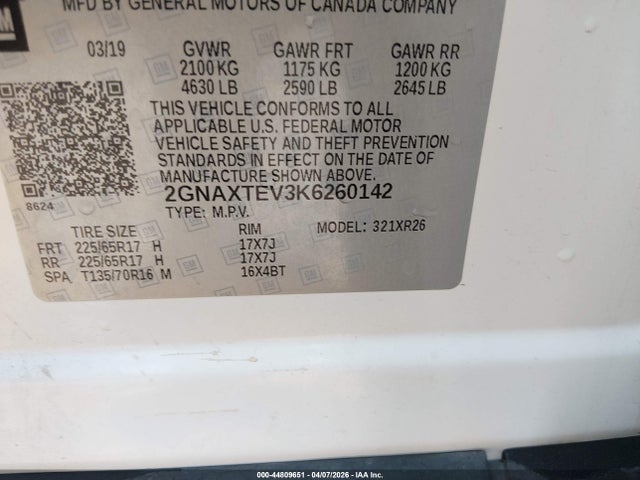Продаж на аукціоні авто 2019 Chevrolet Equinox Lt, vin: 2GNAXTEV3K6260142, номер лоту: 44809651