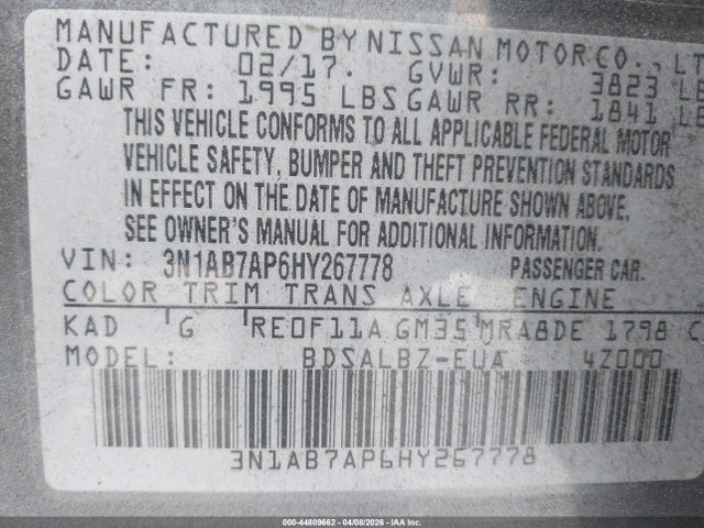 3N1AB7AP6HY267778 Nissan SENTRA S