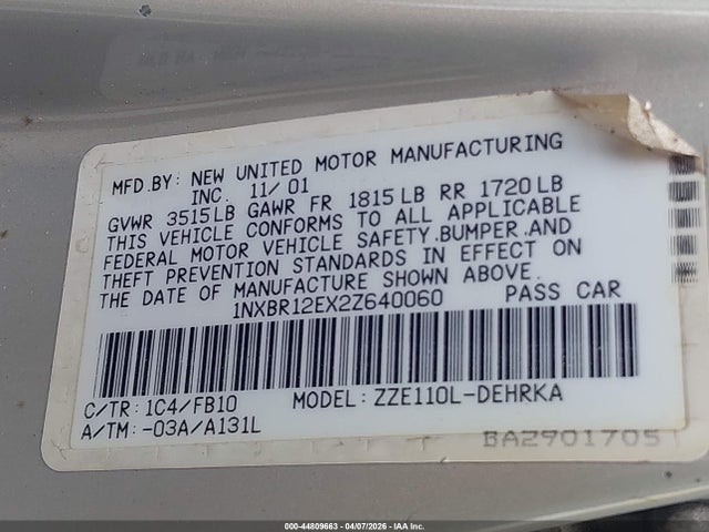 2002 TOYOTA COROLLA 1NXBR12EX2Z640060 Photo 8