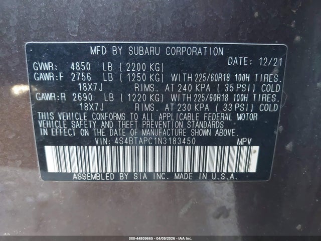 Aukcja sprzedaży 2022 Subaru Outback Touring, vin: 4S4BTAPC1N3183450, numer aukcji: 44809665