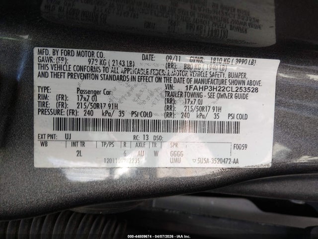 Aukcja sprzedaży 2012 Ford Focus Sel, vin: 1FAHP3H22CL253528, numer aukcji: 44809674