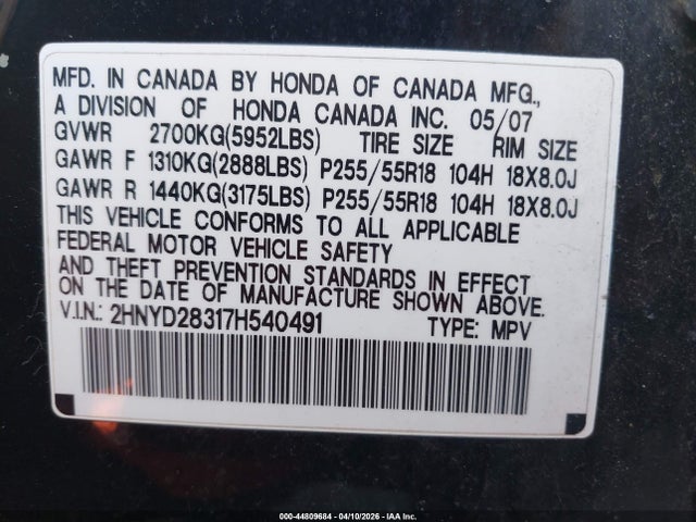 Aukcja sprzedaży 2007 Acura Mdx Technology Package, vin: 2HNYD28317H540491, numer aukcji: 44809684