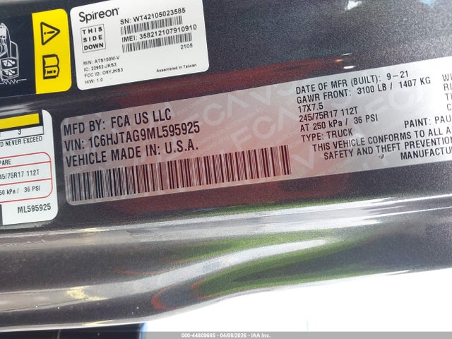44809685 :رقم المزاد ، 1C6HJTAG9ML595925 vin ، 2021 Jeep Gladiator Sport S 4x4 مزاد بيع