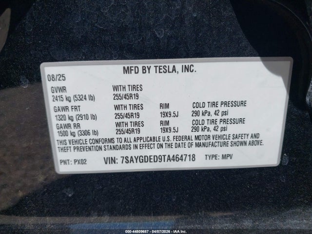 Aukcja sprzedaży 2026 Tesla Model Y Premium Rear-wheel Drive/standard Rear-wheel Drive, vin: 7SAYGDED9TA464718, numer aukcji: 44809687