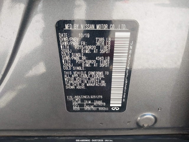 44809692 :رقم المزاد ، JN8AZ2NE2L9251276 vin ، 2020 Infiniti Qx80 Luxe Awd مزاد بيع
