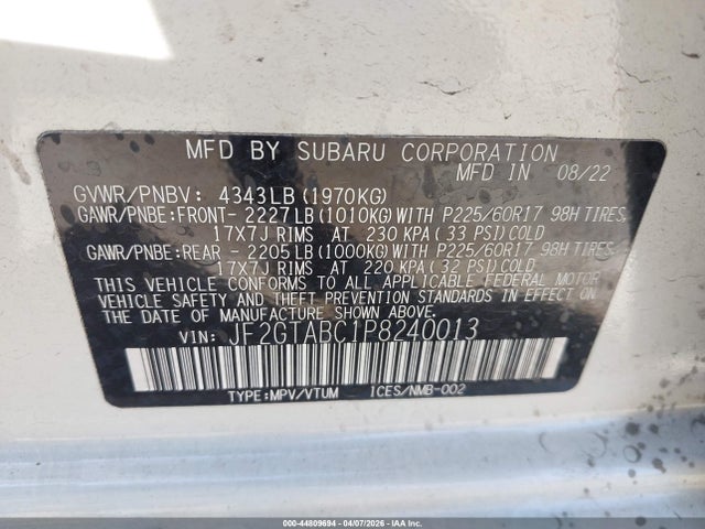 2023 Subaru Crosstrek მანქანა იყიდება აუქციონზე, vin: JF2GTABC1P8240013, აუქციონის ნომერი: 44809694