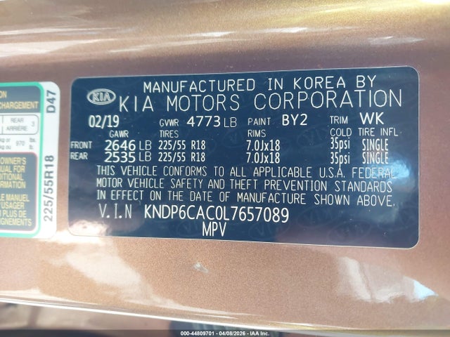 2020 Kia Sportage S მანქანა იყიდება აუქციონზე, vin: KNDP6CAC0L7657089, აუქციონის ნომერი: 44809701