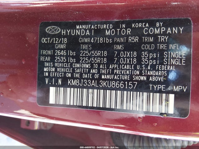 KM8J33AL3KU866157 Hyundai Tucson Limited