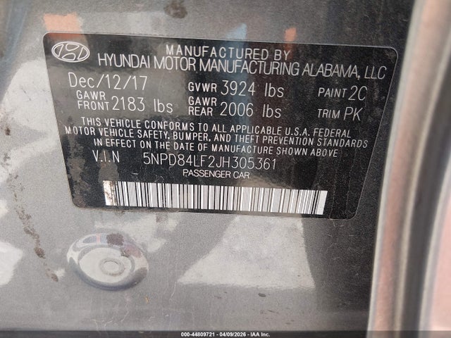 5NPD84LF2JH305361 Hyundai ELANTRA SEL