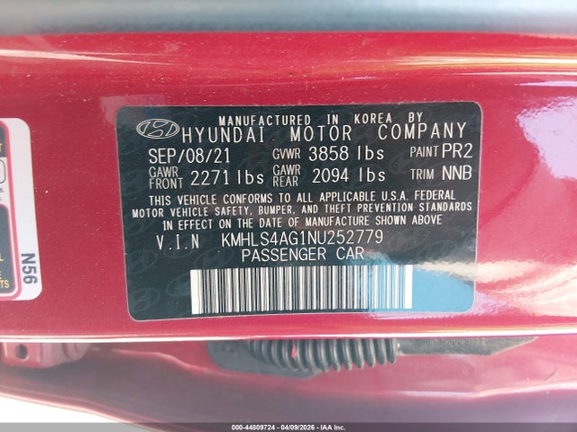 Продаж на аукціоні авто 2022 Hyundai Elantra Sel, vin: KMHLS4AG1NU252779, номер лоту: 44809724